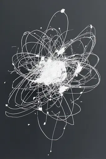 Midjourney generated image using SREF code Scribblephoria: A black and white drawing of an atom on a black background.