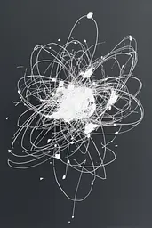 Midjourney generated image using SREF code Scribblephoria: A black and white drawing of an atom on a black background.