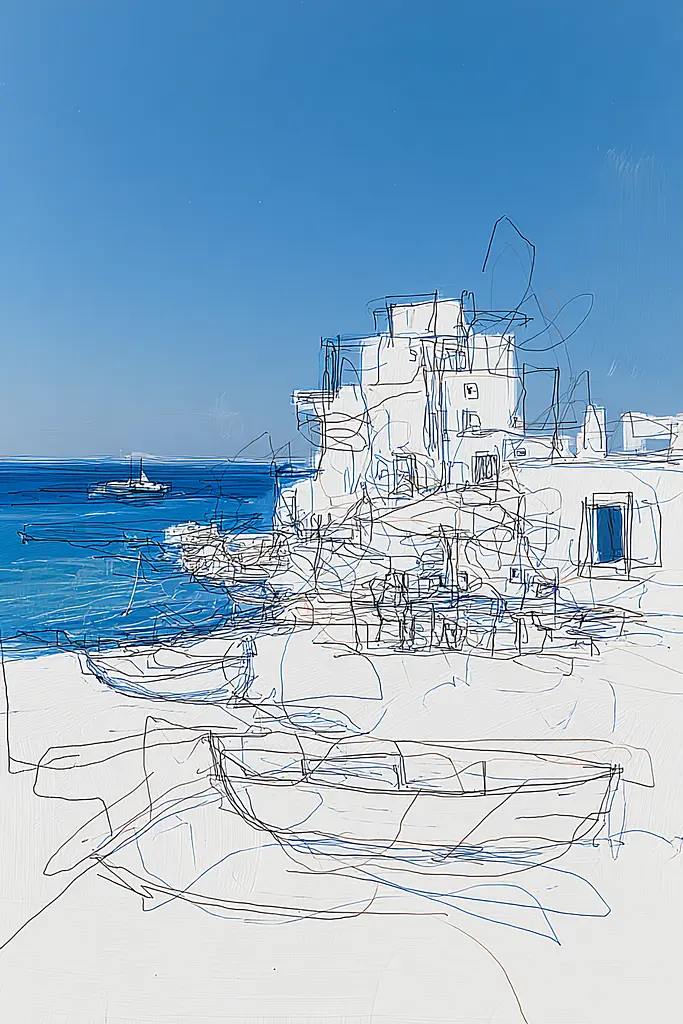 Midjourney generated image using SREF code Scribblephoria: A drawing of a boat on a beach next to the ocean.