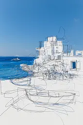 Midjourney generated image using SREF code Scribblephoria: A drawing of a boat on a beach next to the ocean.