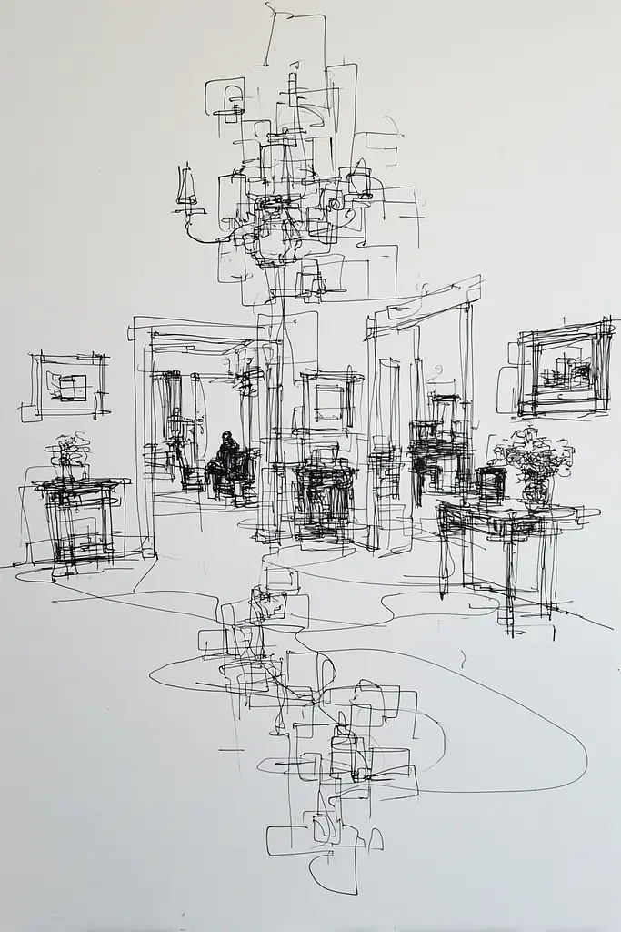 Midjourney generated image using SREF code Scribblephoria: A drawing of a room with a chandelier in it.
