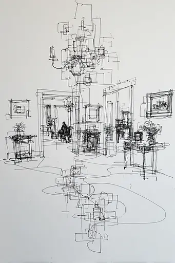 Midjourney generated image using SREF code Scribblephoria: A drawing of a room with a chandelier in it.