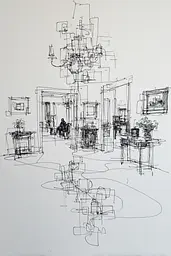 Midjourney generated image using SREF code Scribblephoria: A drawing of a room with a chandelier in it.