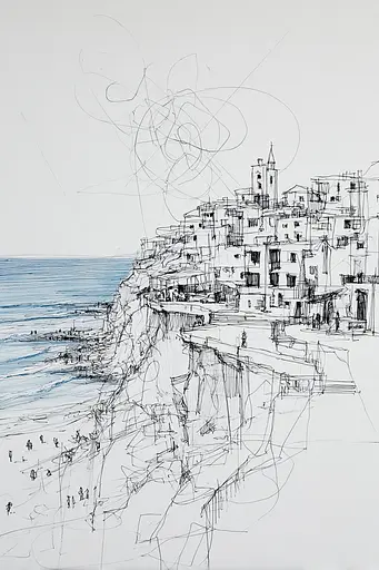 Midjourney generated image using SREF code Scribblephoria: A drawing of a city on a cliff overlooking the ocean.