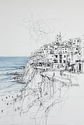 Midjourney generated image using SREF code Scribblephoria: A drawing of a city on a cliff overlooking the ocean.
