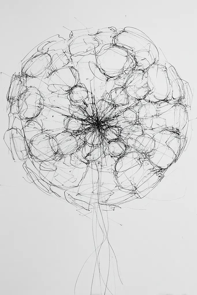 Midjourney generated image using SREF code Scribblephoria: A black and white drawing of a flower on a white background.