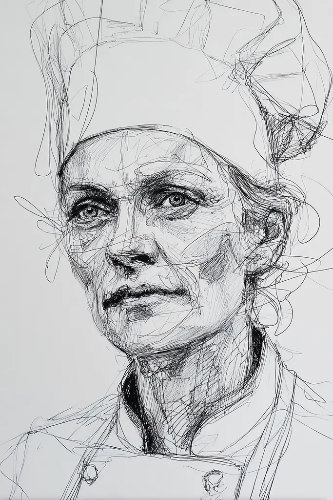 Midjourney generated image using SREF code Scribblephoria: A black and white drawing of a woman wearing a chef's hat.