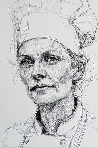 Midjourney generated image using SREF code Scribblephoria: A black and white drawing of a woman wearing a chef's hat.