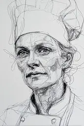 Midjourney generated image using SREF code Scribblephoria: A black and white drawing of a woman wearing a chef's hat.