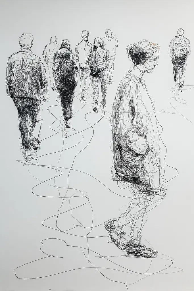 Midjourney generated image using SREF code Scribblephoria: A drawing of a group of people walking down a street.