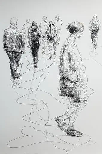 Midjourney generated image using SREF code Scribblephoria: A drawing of a group of people walking down a street.