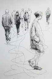 Midjourney generated image using SREF code Scribblephoria: A drawing of a group of people walking down a street.
