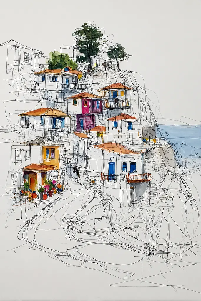 Midjourney generated image using SREF code Scribblephoria: A drawing of a small town on a cliff overlooking the ocean.