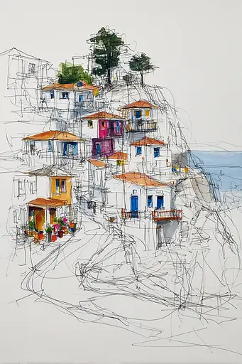 Midjourney generated image using SREF code Scribblephoria: A drawing of a small town on a cliff overlooking the ocean.