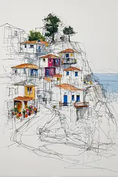 Midjourney generated image using SREF code Scribblephoria: A drawing of a small town on a cliff overlooking the ocean.