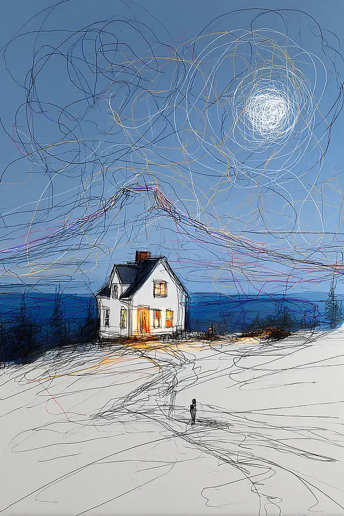 Midjourney generated image using SREF code Scribblephoria: A drawing of a house in the middle of a snowy field.