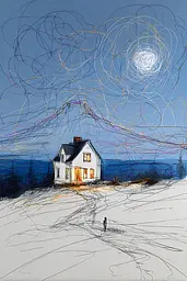 Midjourney generated image using SREF code Scribblephoria: A drawing of a house in the middle of a snowy field.