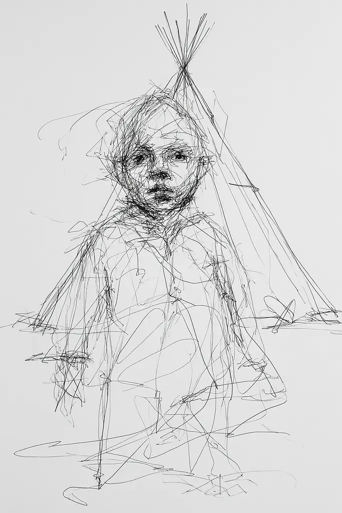 Midjourney generated image using SREF code Scribblephoria: A drawing of a child wearing a teepee.