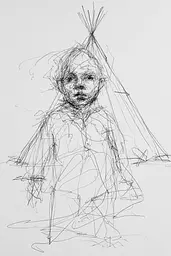 Midjourney generated image using SREF code Scribblephoria: A drawing of a child wearing a teepee.