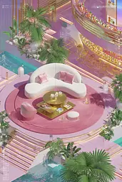 Midjourney generated image using SREF code Plastisphere: A living room filled with furniture next to a swimming pool.