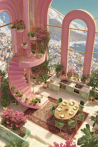 Midjourney generated image using SREF code Plastisphere: A pink spiral staircase in a room with a view of the city.