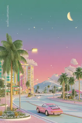 Midjourney generated image using SREF code Plastisphere: A pink car driving down a street next to palm trees.