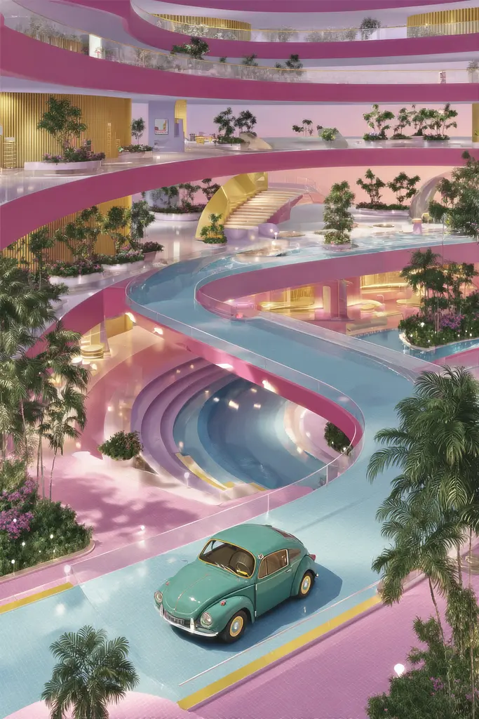 Midjourney generated image using SREF code Plastisphere: A green car is parked in the middle of a pool.