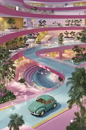 Midjourney generated image using SREF code Plastisphere: A green car is parked in the middle of a pool.