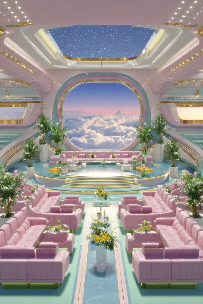 Midjourney generated image using SREF code Plastisphere: A living room filled with lots of pink couches and tables.