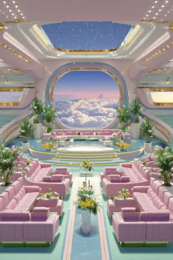 Midjourney generated image using SREF code Plastisphere: A living room filled with lots of pink couches and tables.