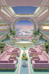 Midjourney generated image using SREF code Plastisphere: A living room filled with lots of pink couches and tables.