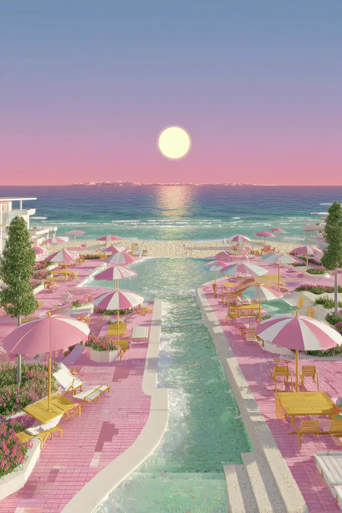 Midjourney generated image using SREF code Plastisphere: A view of a beach with umbrellas and chairs near the water.