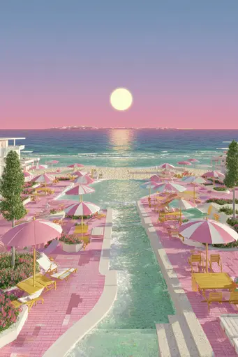 Midjourney generated image using SREF code Plastisphere: A view of a beach with umbrellas and chairs near the water.