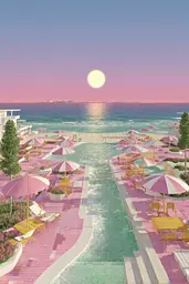 Midjourney generated image using SREF code Plastisphere: A view of a beach with umbrellas and chairs near the water.