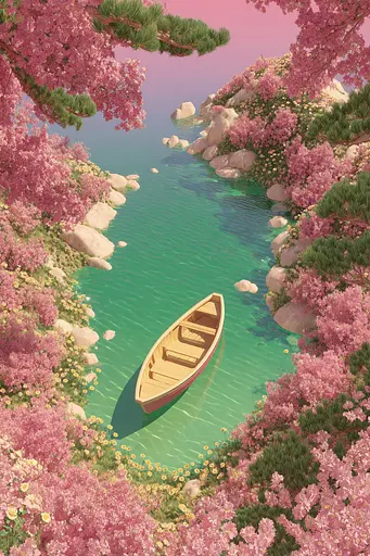 Midjourney generated image using SREF code Plastisphere: A boat floating on top of a body of water surrounded by pink flowers.