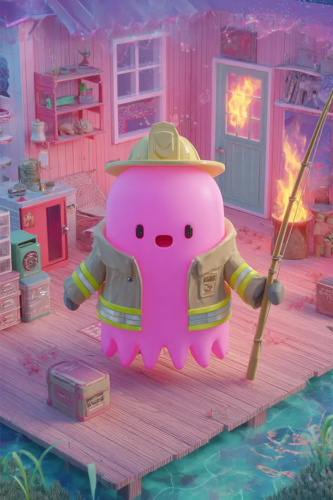 Midjourney generated image using SREF code Plastisphere: A pink octopus dressed as a firefighter standing on a dock.