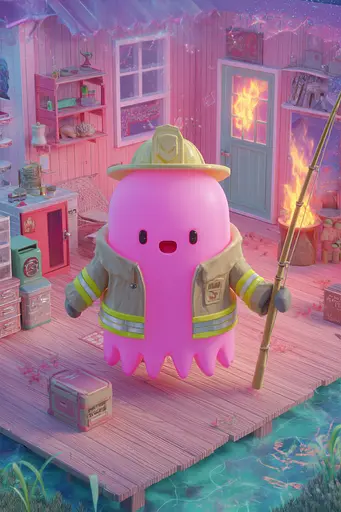 Midjourney generated image using SREF code Plastisphere: A pink octopus dressed as a firefighter standing on a dock.