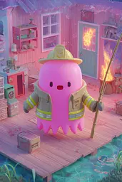 Midjourney generated image using SREF code Plastisphere: A pink octopus dressed as a firefighter standing on a dock.