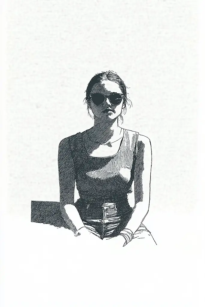 Midjourney generated image using SREF code Cosmic Contours: A black and white drawing of a woman wearing sunglasses.