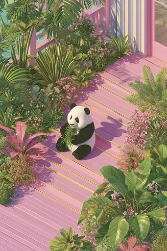 Midjourney generated image using SREF code Plastisphere: A panda bear sitting on a pink deck surrounded by plants.