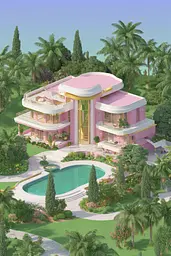 Midjourney generated image using SREF code Plastisphere: A pink house with a swimming pool surrounded by palm trees.