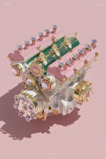 Midjourney generated image using SREF code Plastisphere: A pink and gold engine with lots of jewels on it.