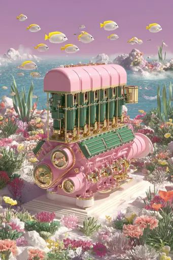 Midjourney generated image using SREF code Plastisphere: A pink and green train sitting on top of a sandy beach.