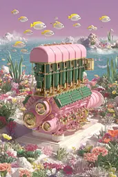 Midjourney generated image using SREF code Plastisphere: A pink and green train sitting on top of a sandy beach.