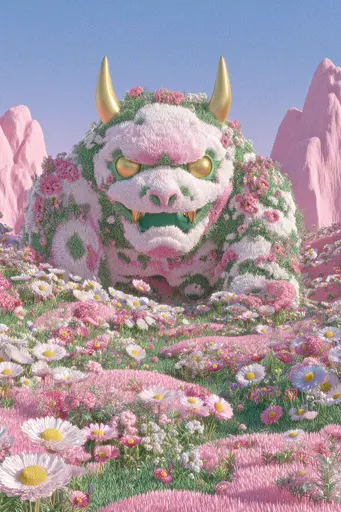 Midjourney generated image using SREF code Plastisphere: A large white and pink monster in a field of flowers.