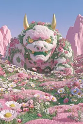 Midjourney generated image using SREF code Plastisphere: A large white and pink monster in a field of flowers.