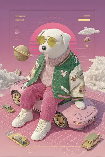 Midjourney generated image using SREF code Plastisphere: A white dog wearing sunglasses sitting on top of a pink car.