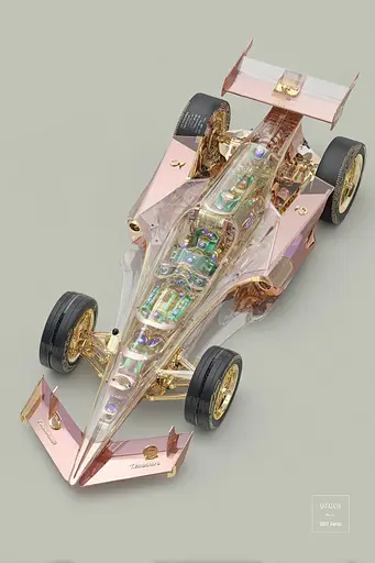 Midjourney generated image using SREF code Plastisphere: A model of a pink race car on a gray background.