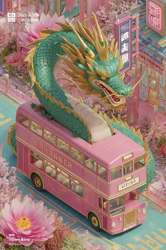 Midjourney generated image using SREF code Plastisphere: A pink double decker bus with a green dragon on top.