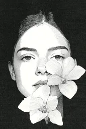 Midjourney generated image using SREF code Cosmic Contours: A black and white drawing of a woman with flowers in her mouth.